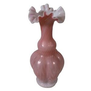Pink Satin Cased Art Glass Vase Zig Zag Chevron Hand Blown Ruffled Top 8 1/2"
